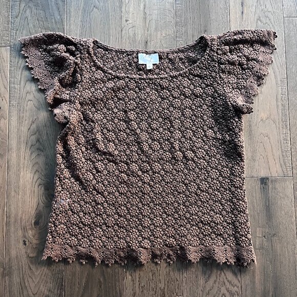 Milly of New York Crochet Knit Ruffle Sleeve Top Scallop Brown Boho Y2K Size 6 - Picture 1 of 7